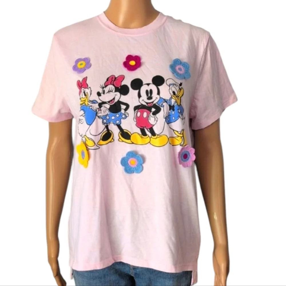 Disney Pink Mickey & Mini Mouse + Friends Graphic Shirt Crochet Flowers SZ M - Picture 2 of 16
